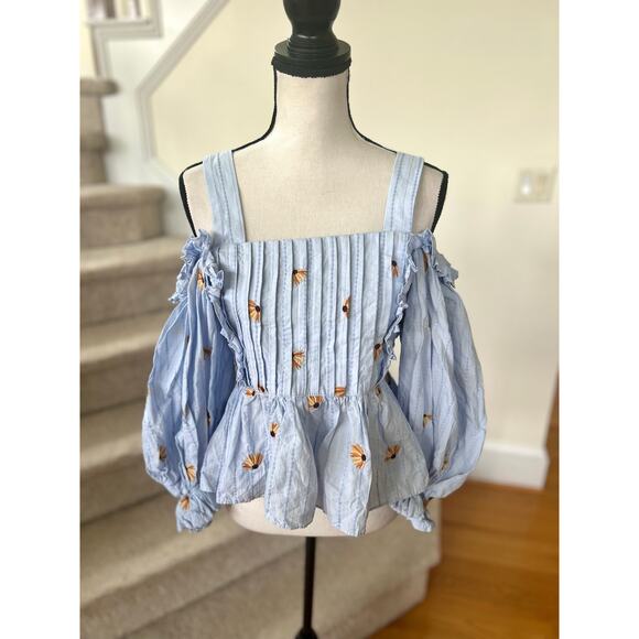 Lud Von Siga Blue Cotton Pleat Off Shoulder Puff Sleeve Peplum Daisy Blouse - Picture 2 of 8